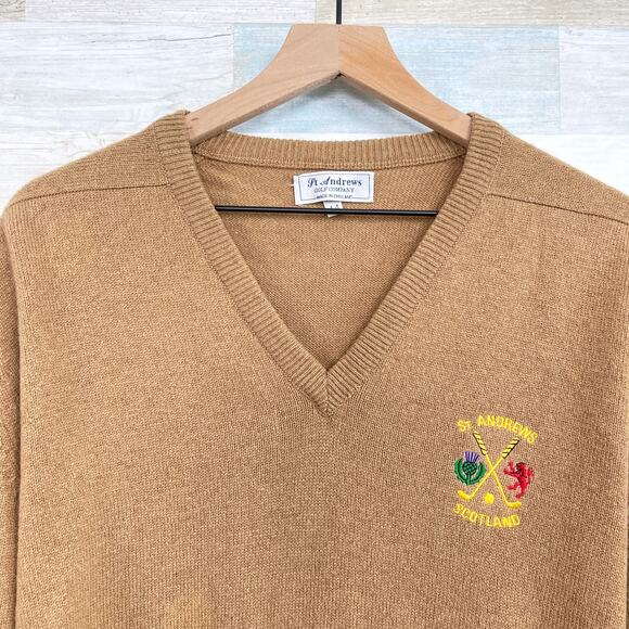 St Andrews Golf Company Scotland Vintage V Neck Sweater Tan England Mens 44 L - Picture 2 of 6